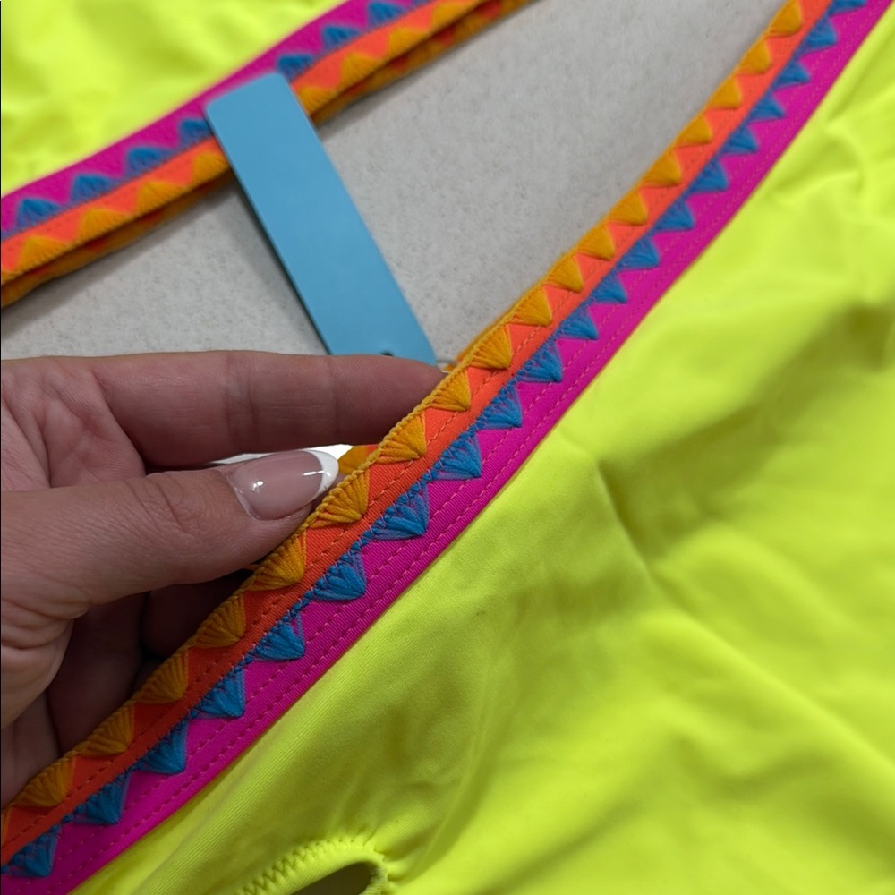 NWT Popvil Bright Yellow Bikini with Multicolor Trim with embroidery - Picture 4 of 8